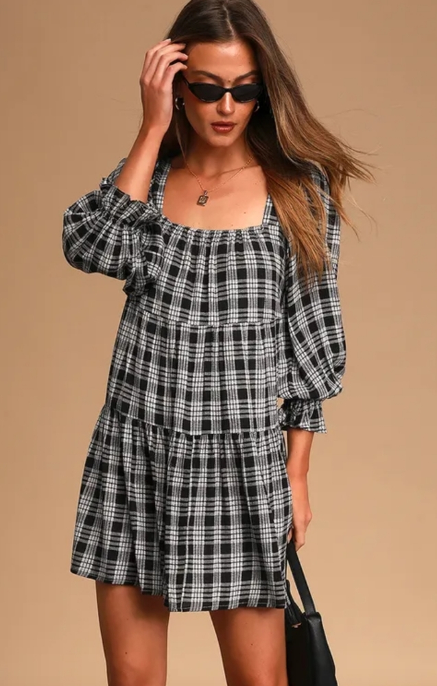 LULU'S plaid long sleeve tiered Babydoll Dress Sz M